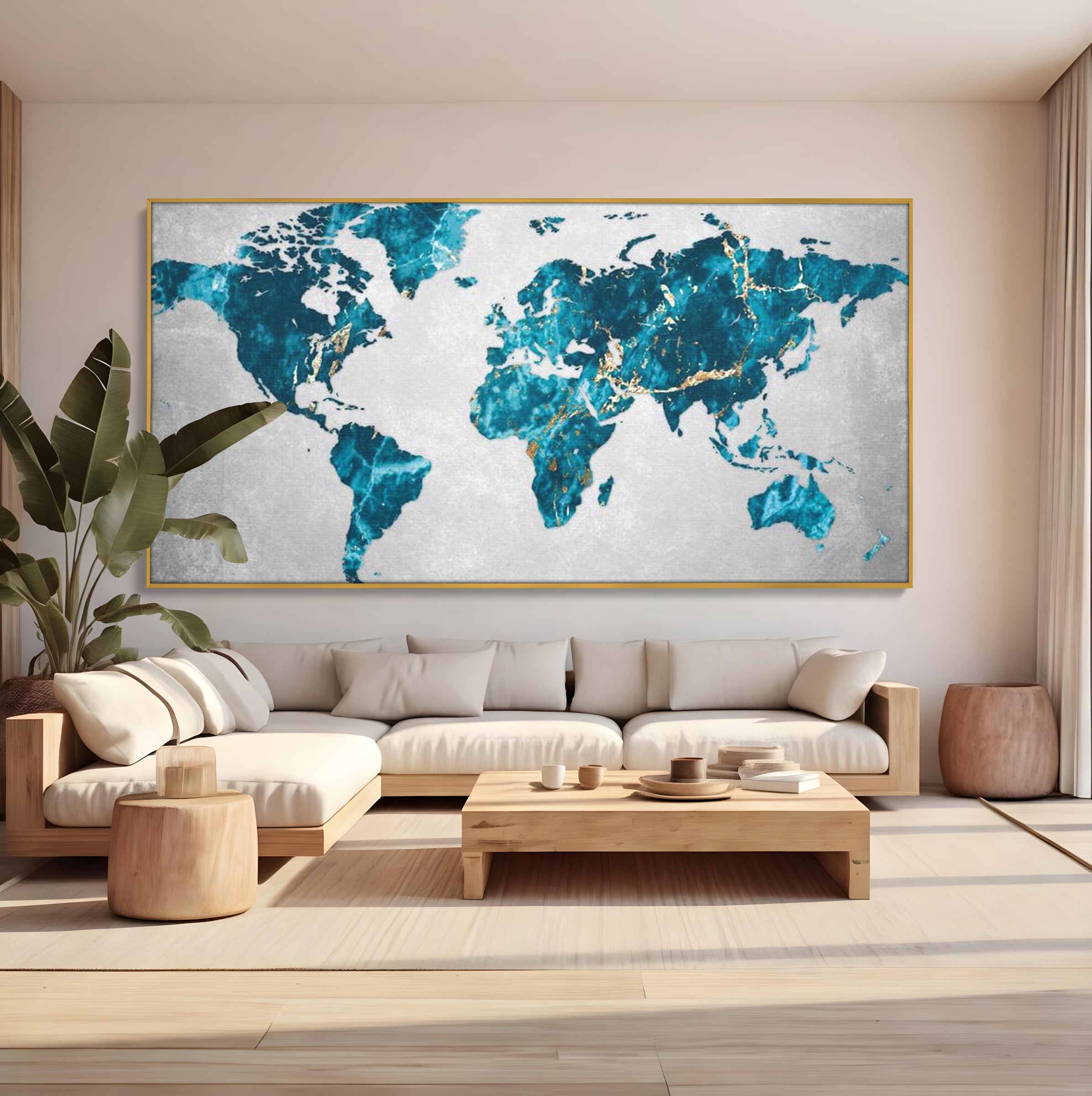 Tablou canvas cu tablou canvas cu harta lumii, in rama de aluminiu auriu, pe perete intr-un living